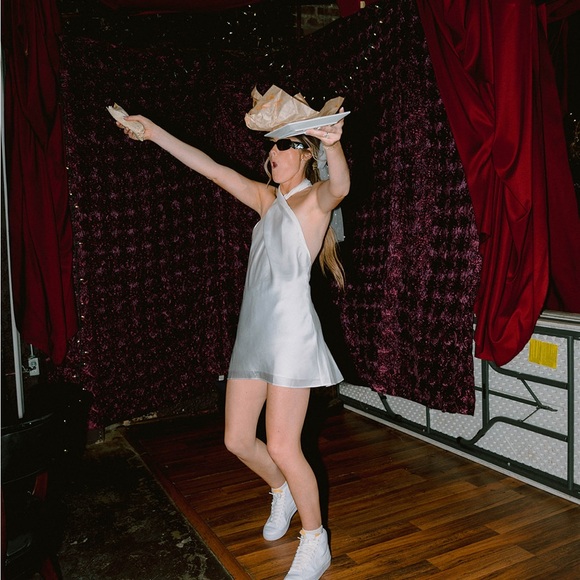 Show Me Your MuMu Jasmine Halter Mini Dress Womens Small Ivory Luxe Satin New - Picture 1 of 11